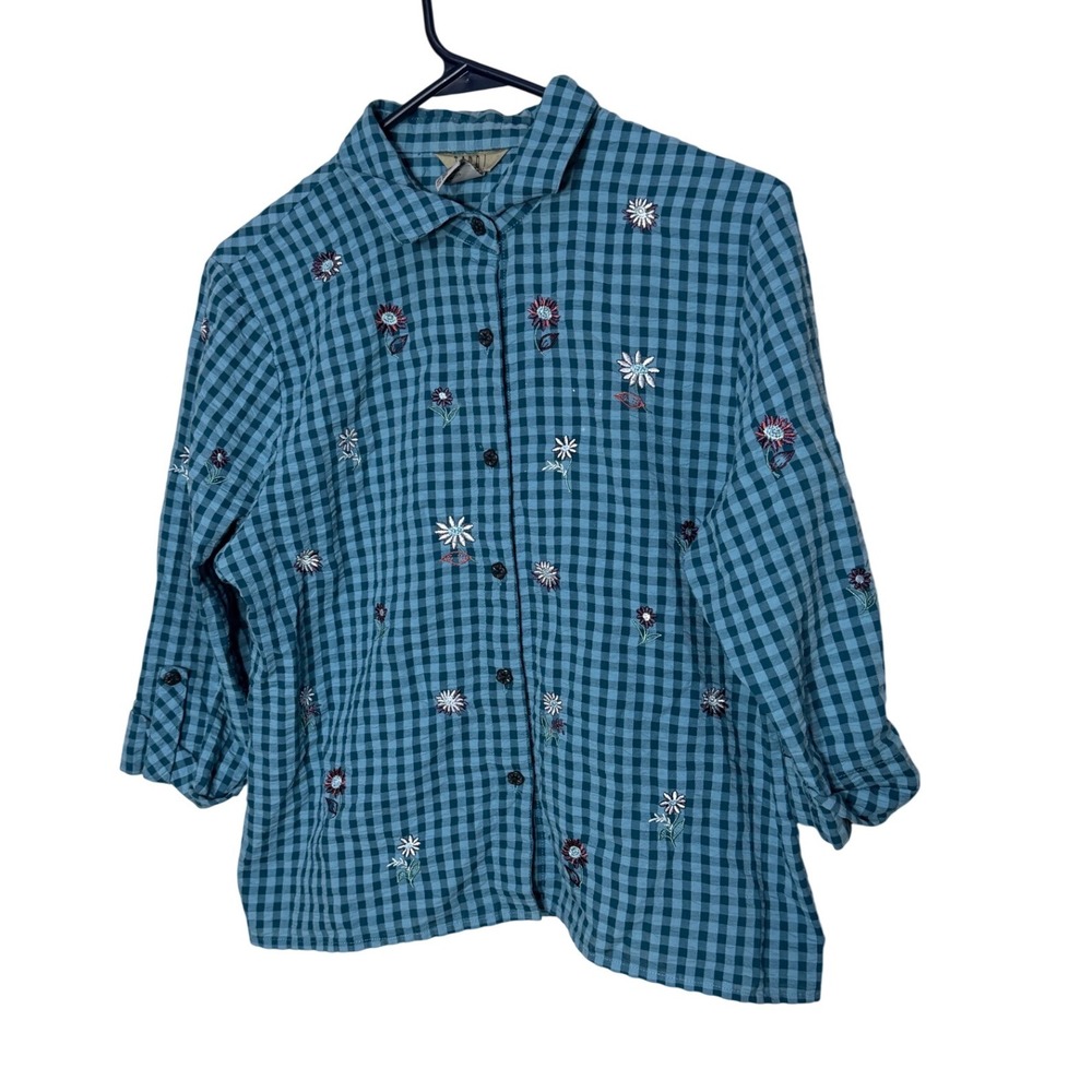 Teddi Womens Teal Gingham Floral Embroidered Button Up Shirt 3/4 Roll Tab Sleeve